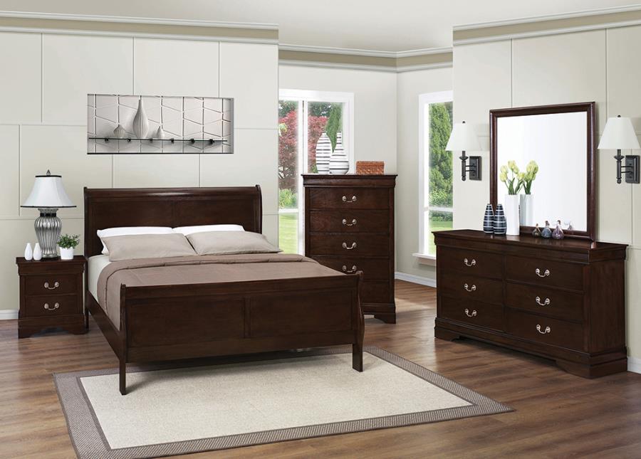 Louis Philippe - Queen 5 Piece Set (Bed, Nightstand, Dresser, Mirror, Chest) - Brown